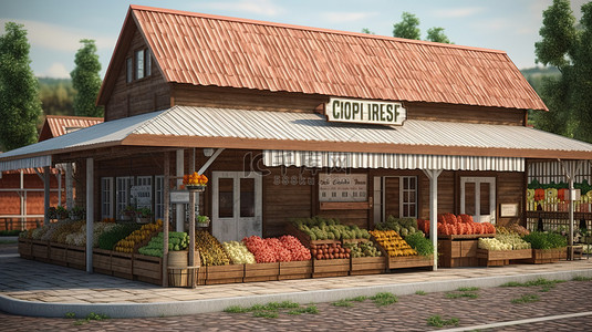 水果店背景图片_带有剪切路径的 3D 渲染中的当地农民农产品店