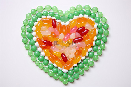 绿色心背景图片_白色和绿色桌巾上放着一盒心形的果冻豆