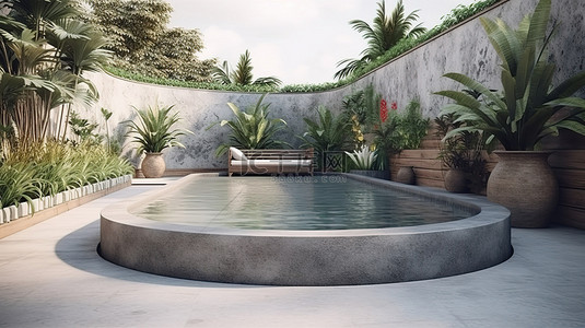 公园实拍背景图片_3D 渲染游泳池，配有巴厘岛石雕日光浴床和花盆箱