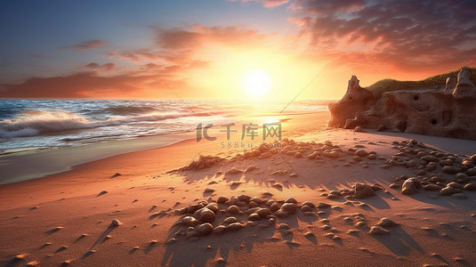 沙滩上宁静日出的 3D 渲染