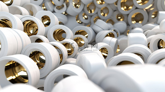 闪闪发光的白色圆柱体，在简约的科幻背景 3D 渲染上带有金色和银色的点缀