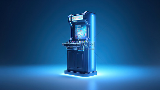 蓝色背景 3D 渲染上的空屏游戏街机，用于个性化设计