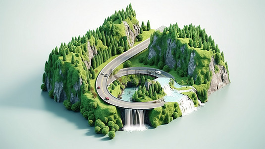 一条令人惊叹的 3D 等距道路蜿蜒穿过郁郁葱葱的绿色森林和宁静的瀑布