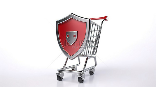 消费者背景图片_在 3D 渲染中保护白色购物车背景上的消费者红色金属盾