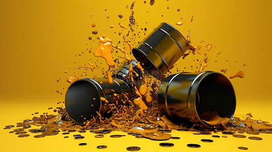 油桶背景背景图片_下降的金属桶表示工业环境中柴油燃料的成本 3d 在黄色背景下呈现