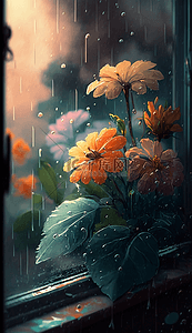 雨水窗背景图片_雨滴花朵卡通可爱的花卉背景