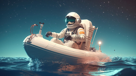 宇航员在 3D 渲染插图中享受乘船之旅