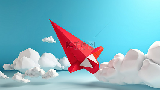 通过电子邮件或消息发送在天空中飞行的红纸飞机的概念​​ 3D 渲染