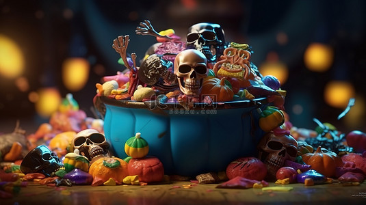 3D 渲染彩色糖果头骨和女巫的大锅帽子，打造恐怖的万圣节
