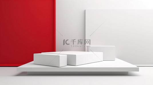 简约的方形讲台，白色和红色 3D 渲染显示您的产品