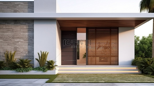 时尚豪华背景图片_时尚的现代住宅，带有开放式门口建筑 3D 设计渲染