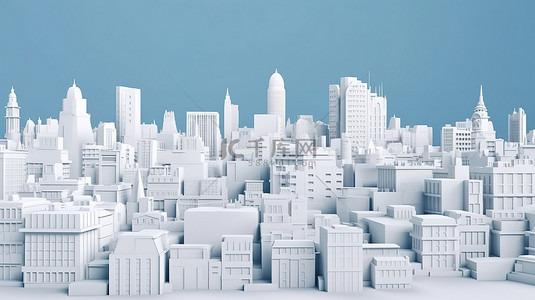 蓝色背景中单独站立的白色城市全景的 3d 渲染