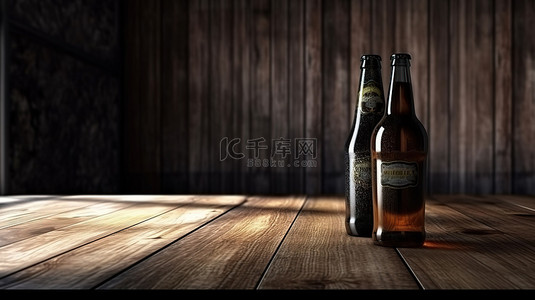 品脱背景图片_陈旧的板背景，桌上有啤酒瓶和啤酒杯的 3D 渲染