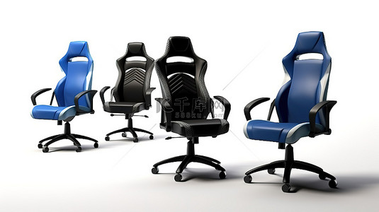 白色背景上不同角度的一套时尚现代的黑色和蓝色游戏扶手椅的 3D 渲染