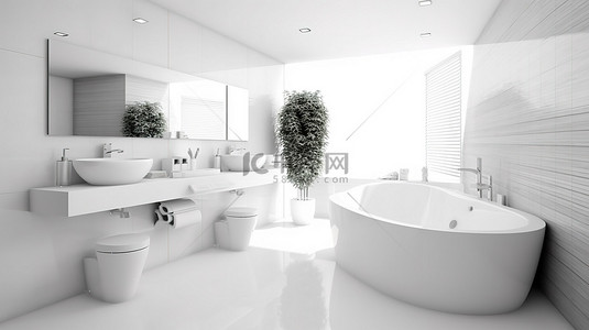 宁静的白色浴室的诱人 3D 渲染