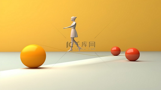 女性杂耍球和走钢丝平衡的 3D 插图