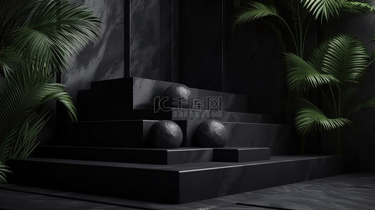 背景为黑色台阶和棕榈叶的丛林热带讲台的抽象 3D 插图