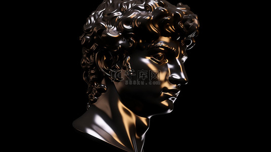 男性黑色背景图片_光滑闪亮的米开朗基罗大卫头的黑色光泽 3D 渲染