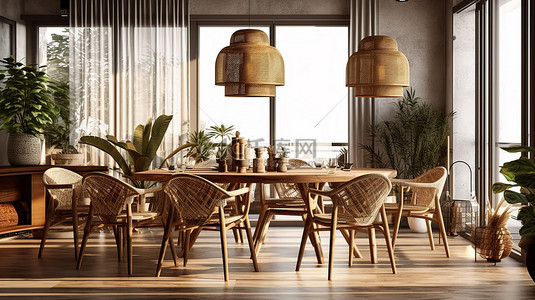 咖啡店或家中的 3d 渲染用餐空间