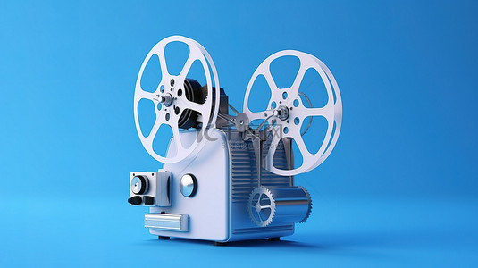蓝色背景下老式电影电影放映机的 3D 渲染