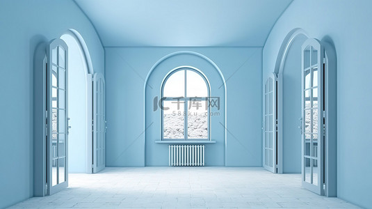 蓝色的门窗背景图片_优雅的 3D 渲染概念单色柔和的蓝色门窗