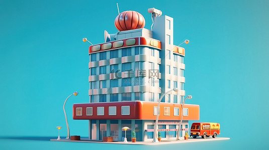 卡通酒店建筑作为蓝色背景上的抽象玩具的 3D 渲染