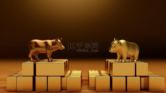 金条背景图片_金条上的牛市和熊市图标的 3D 渲染，带有文本空间