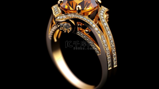 黑色孤立背景上的 3D 渲染金琥珀钻石戒指