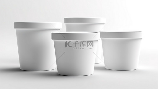 用于酸奶冰淇淋或甜点的光滑白色容器在白色背景上进行 3D 渲染