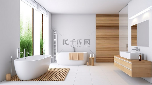 洗手台卡通背景图片_3d 渲染中带有明亮木质装饰的现代浴室