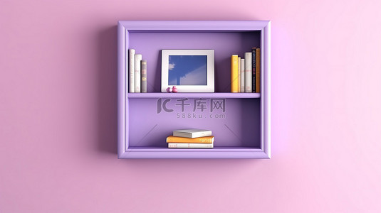 3D 插图紫色墙架，带有垂直背景横幅和数字平板电脑