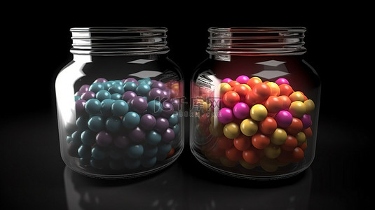 两个玻璃罐在 3d 渲染中溢出闪亮的缩放药丸