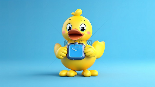 迷人的黄色鸭子吉祥物，戴着蓝色健身追踪器，背景是充满活力的黄色背景 3D 插图