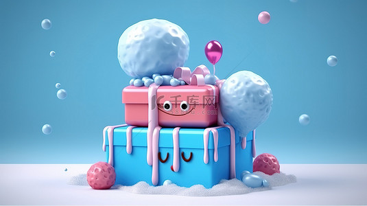 蓝色礼品盒可爱气球和节日快乐圣诞蛋糕上融化的雪人的 3D 插图