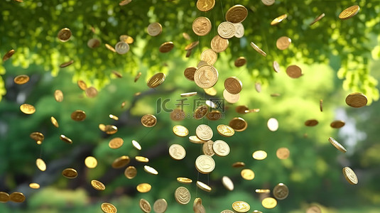 硬币从枝繁叶茂的树上掉下来，这是金融储蓄和银行策略的象征，以 3D 呈现