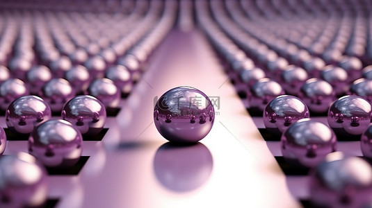 金属紫色球体在迷宫般的路径 3d 渲染上以完美的线条对齐