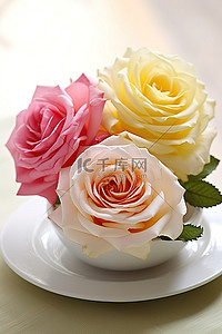三色花背景图片_含有三朵彩色玫瑰的盘子