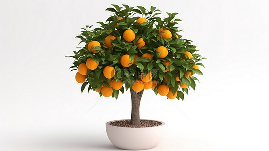 白色背景上的盆栽 3d 渲染中的橙树