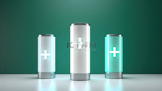 医疗符号背景图片_时尚的圆柱形产品展示架，带有简约风格 3D 渲染的照明医疗十字或加号符号