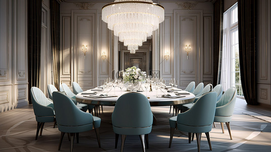 优雅的用餐空间拥有宽敞的桌子豪华座椅和令人眼花缭乱的 3D 水晶吊灯