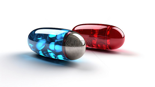 药丸白色背景图片_白色背景分离红色和蓝色药丸的 3d 插图