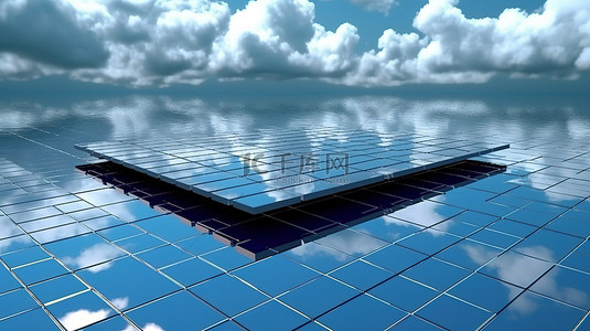 云3d背景图片_蓝色太阳能电池板反射云的 3d 插图