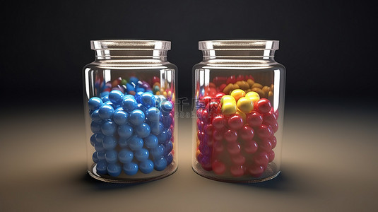 两两分享背景图片_在 3D 渲染中从两个玻璃罐中溢出的有光泽的缩放药丸
