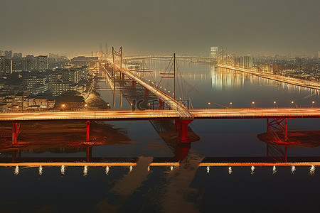 两座桥梁在夜间连接城市景观