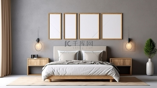 房子上挂的背景图片_卧室床头板上挂着空白帆布框架 3D 渲染