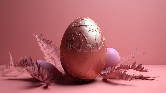 柔和的粉红色背景与 3d 渲染的复活节彩蛋