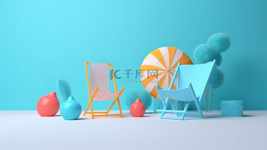 暑假概念的最小 3D 渲染，在蓝色模型显示中包含沙滩椅和色彩缤纷的夏季元素
