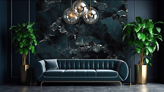 现代客厅的 3D 渲染，配有绿色植物沙发灯和深蓝色大理石墙上的桌子