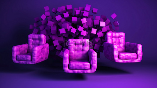 紫色扶手椅的飞行抽象 3D 插图
