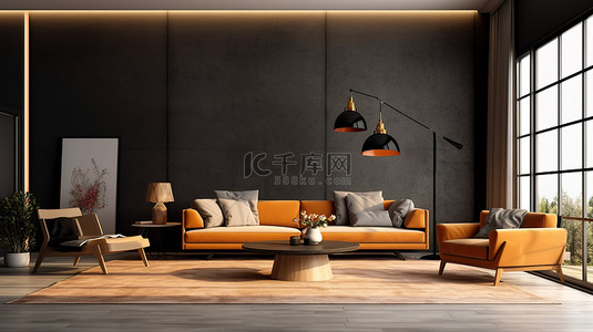 墙壁沙发背景图片_时尚的设计，适合现代客厅 3D 渲染场景